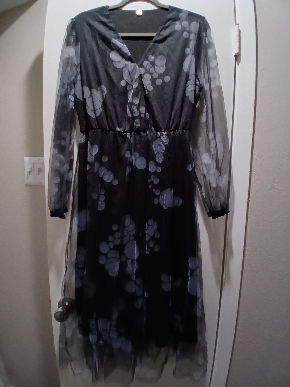 Women’s Black Mesh Overlay Midi Dress with Gray Bubble Print